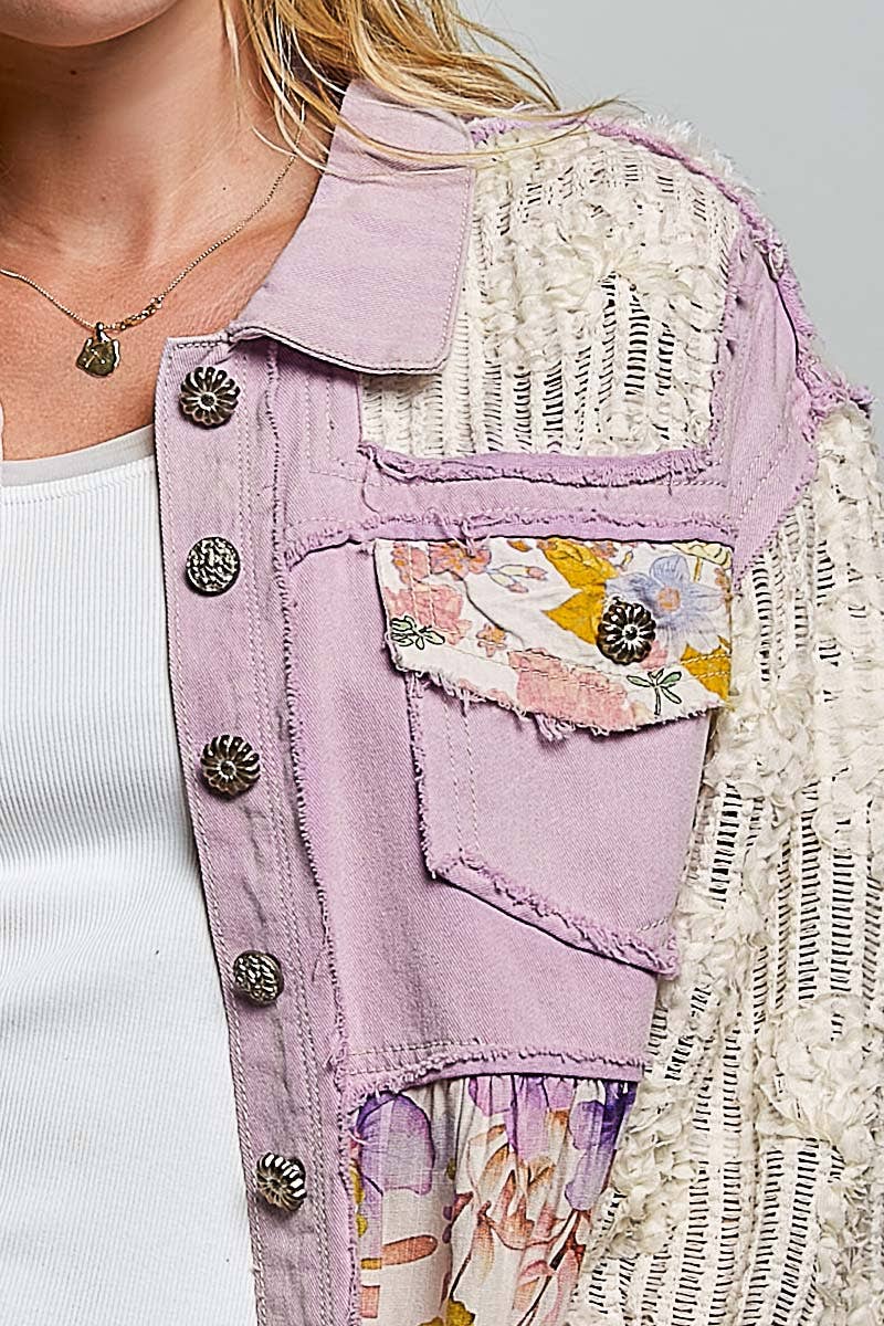 Lavender Floral Patch Crochet Jacket