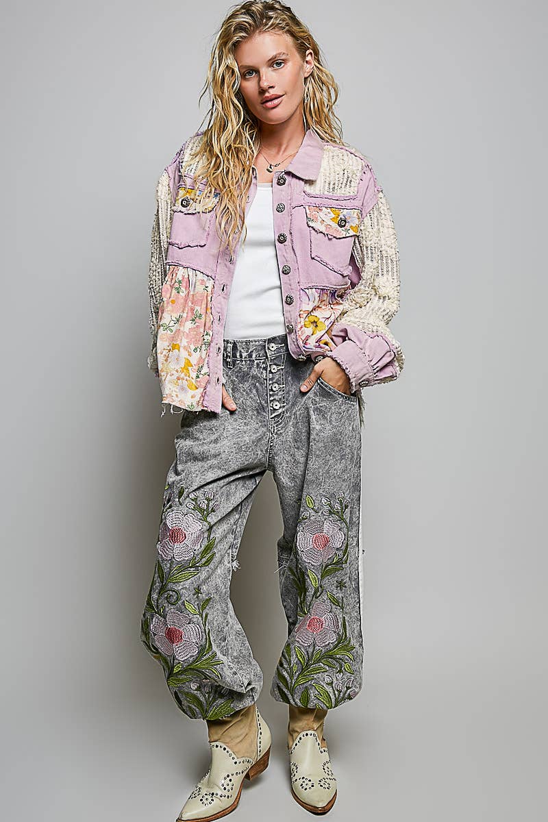 Lavender Floral Patch Crochet Jacket